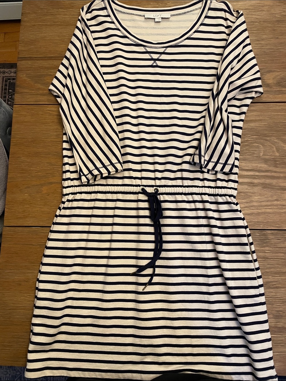 LOFT Navy and White Striped Drawcord Casual Dress